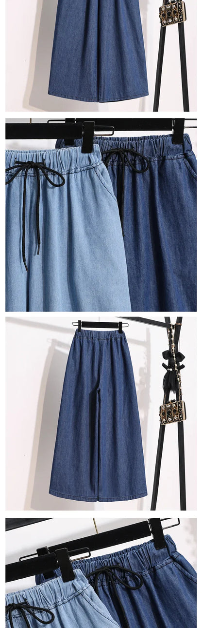 Loose Waist Dstring Denim Wide Leg Pants Women's plus Size Slimming Casual Straight Workwear Seven-Foot Pants Summer