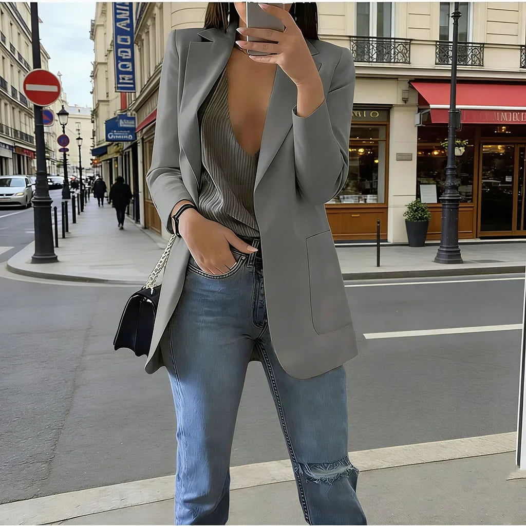 2026 Elegant jacket Women's Suit Single office Casual British Professional Women's Buttonless suit collar pocket simple coat top