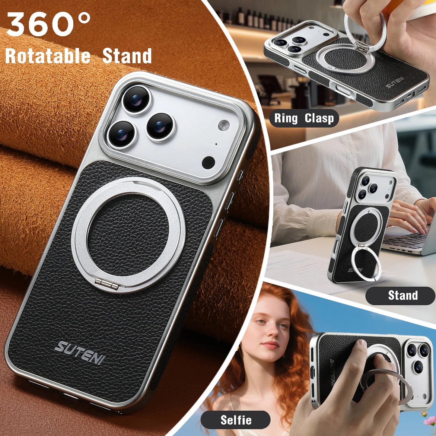 Faux Leather Magnet Wireless Charging Phone Case 360° Rotating Stand Ring Buckle Frosted Feel For iPhone 17 Pro Max 16 15
