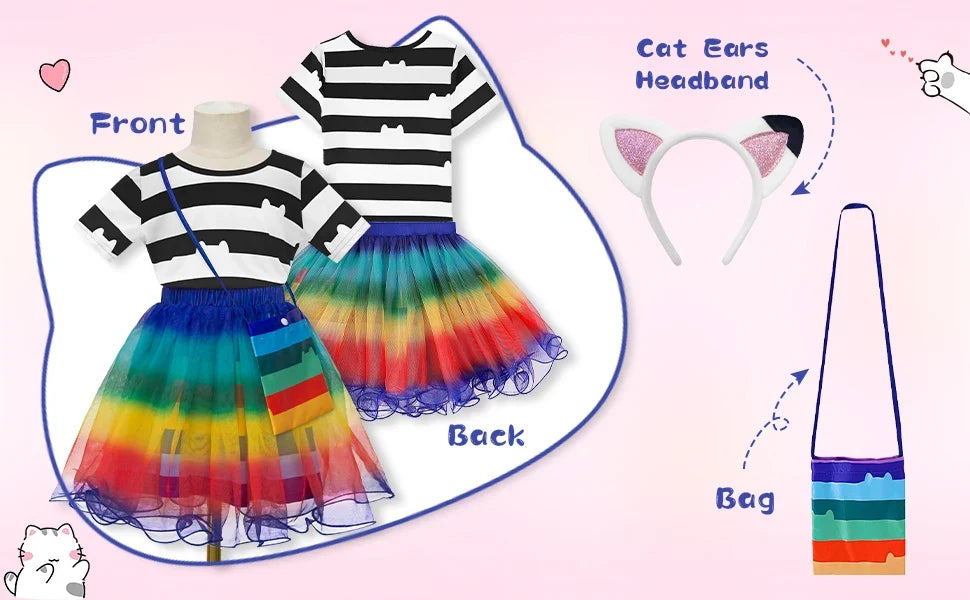 Girls Rainbow Striped T-Shirt Tutu Skirt With Cat Ears Headband Set Halloween Carnival Cosplay Costume Kids Birthday Clothing