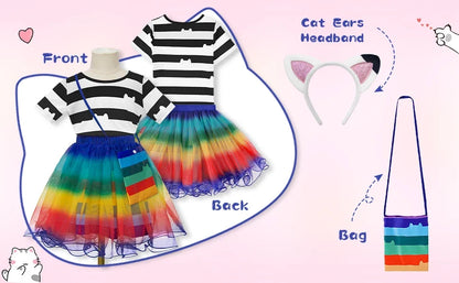 Girls Rainbow Striped T-Shirt Tutu Skirt With Cat Ears Headband Set Halloween Carnival Cosplay Costume Kids Birthday Clothing