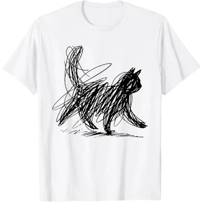 Trendy Streetwear Minimalist Cat Art T Shirt Women's Men Cotton Tee Casual Summer Oversized Humor Short Sleeve Cats Lovers Gifts