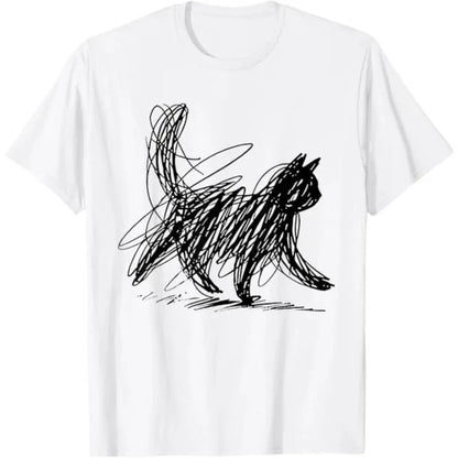 Trendy Streetwear Minimalist Cat Art T Shirt Women's Men Cotton Tee Casual Summer Oversized Humor Short Sleeve Cats Lovers Gifts