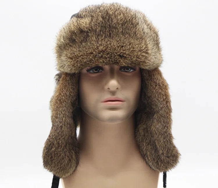 Sports Winter Fashion Trapper Hats Men Thick real Rex Rabbit Fur Bomber Cap with Warm Snow Ear Flap Hiking Hats for Outdoor