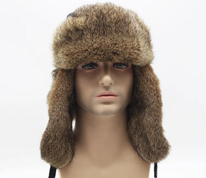 Sports Winter Fashion Trapper Hats Men Thick real Rex Rabbit Fur Bomber Cap with Warm Snow Ear Flap Hiking Hats for Outdoor