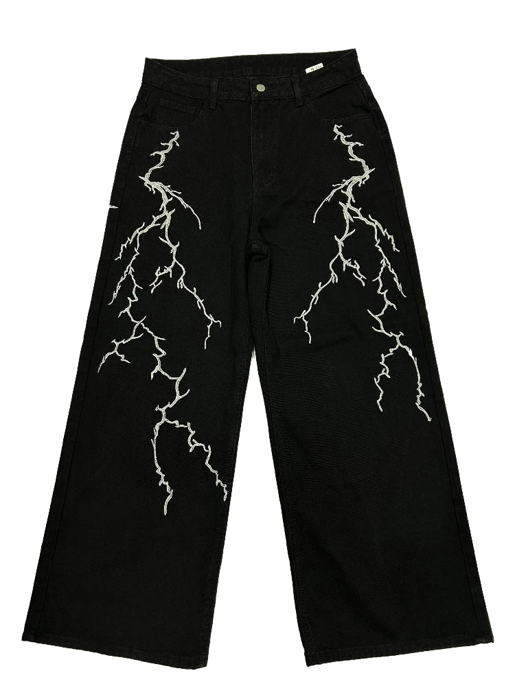Y2k Fashion Baggy Jeans Black Men's Streetwear Straight Oversize Wide-leg Pants Vintage Lightning Pattern Loose Denim Trousers