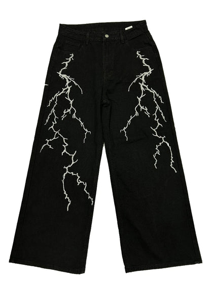 Y2k Fashion Baggy Jeans Black Men's Streetwear Straight Oversize Wide-leg Pants Vintage Lightning Pattern Loose Denim Trousers