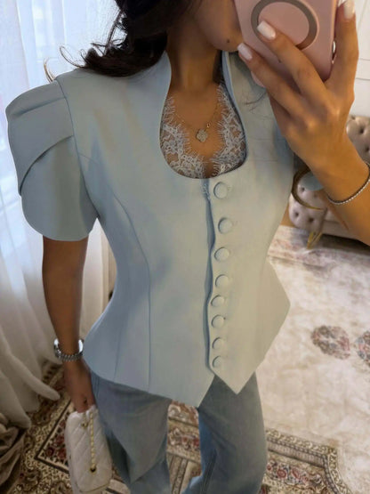 Women 2026 Spring Summer Lace Detail Blouse Stand Collar Puff Short Sleeve Fitted Waist Button Front Elegant Office Blazer