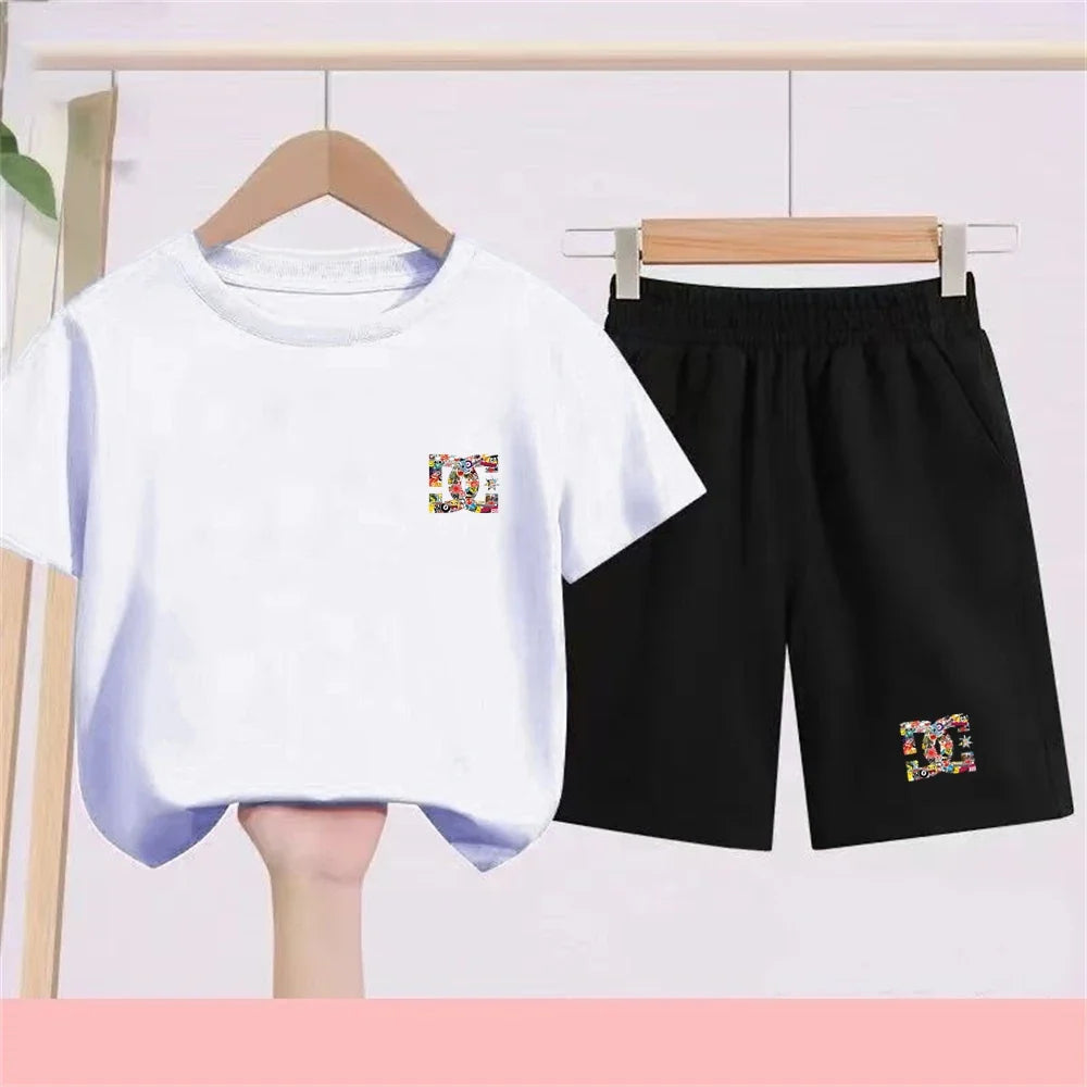 Children T-shirt+Shorts 2P Summer Clothing Fashion Print Boy Girl Toddler 3-12Yrs Sports Short-Sleeved Casual Fashion Set