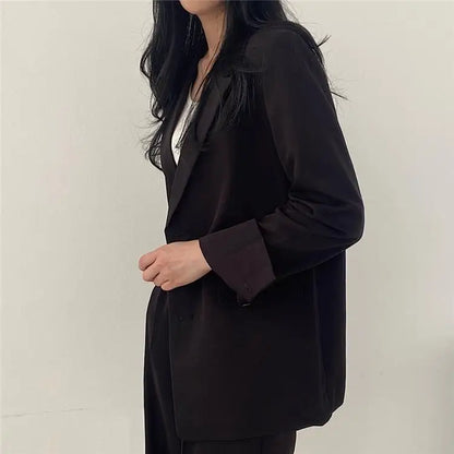 Casual Notch Lapel Suit Set with Button Thick Wide Leg Small Suit Pants High Waist Drape Polyester Business Lady Style Women