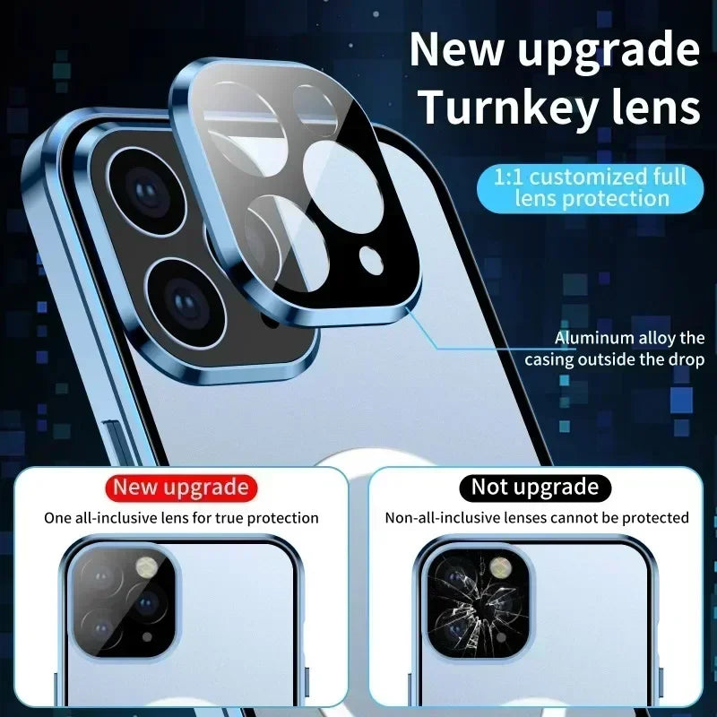 Metal Magnetic Case For Magsafe iPhone 17 Pro Max 16 15 14 13 12 Pro Max Plus Lens Protection Double Sided Glass Snap Lock Cover