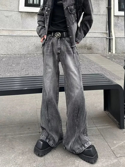 2026Trashy Y2K Streetwear Washed Grey Baggy Stacked Flare Jeans Pants Men 90S Vintage Clothes Hip Hop Luxury Male Long Trousers