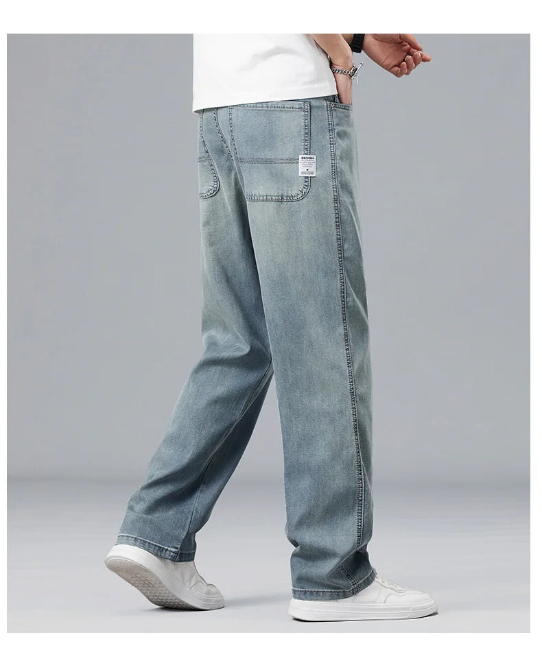 Summer Ultra-thin Lyocell Men's Jeans Drape Soft Fabric Loose Straight Casual Denim Pants Elastic Ice Silk Male Trousers