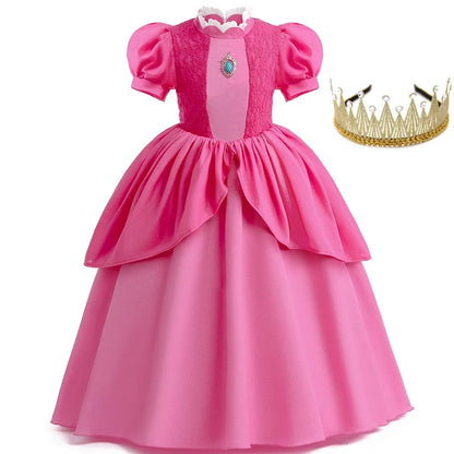 Princess Peach Chiffon Lace Girls Cosplay Dress Baby Kids Vestidos Party Dresses Carnival Halloween Costume for 3-11 years