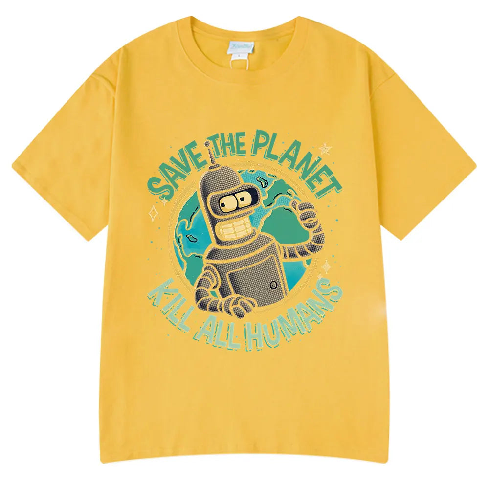 Funny Save The Planet Kill All Humans Robot Graphic Print T Shirt Men's Women Fashion Short Sleeve T-shirt Oversized Cotton Tees