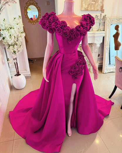 RFYR Off Shoulder Evening Dress A-Line Prom Dress 3D Flowers Embroidery Satin High Slit Celebrity Gala Dresses Customized