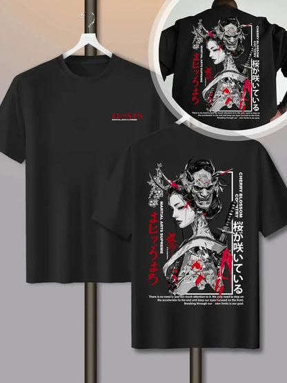 Fashion Cherry Blossom Print 100% Cotton Men Women T-shirt Summer Autumn Daily Outdoor Sports Casual Loose Street Short Sleeve