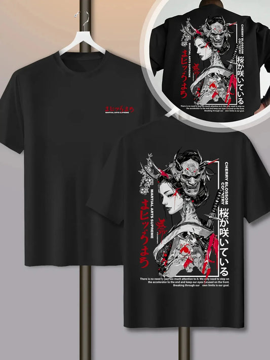 Fashion Cherry Blossom Print 100% Cotton Men Women T-shirt Summer Autumn Daily Outdoor Sports Casual Loose Street Short Sleeve