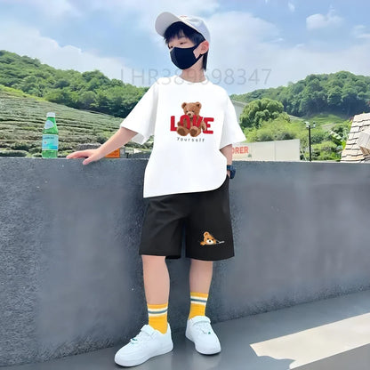 Kids T-shirt+Shorts Two-Piece Set White Clothing Boy Girl 3-12 Yrs Sports Short-Sleeved Summer Casual  Little Bear Printing Set