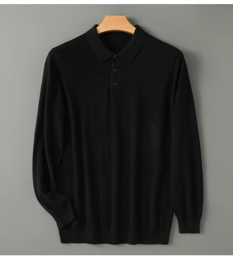 Spring Autumn Men Shirt  Merino Worsted Wool Knitted Pullover Long Sleeve Polo-Collar Clothing Tops Smart Casual Thin Outerwears