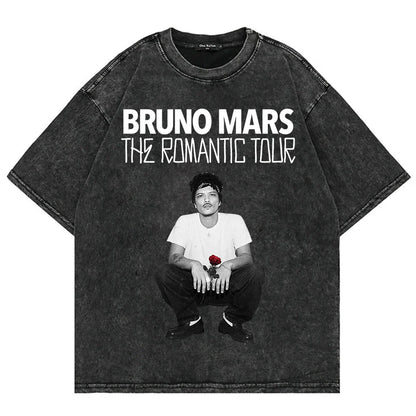 100% Cotton Vintage Washed Bruno Mars The Romantic Tour 2026 T Shirt Fashion Men Aesthetic Oversized Loose Acid Wash Tees Shirts
