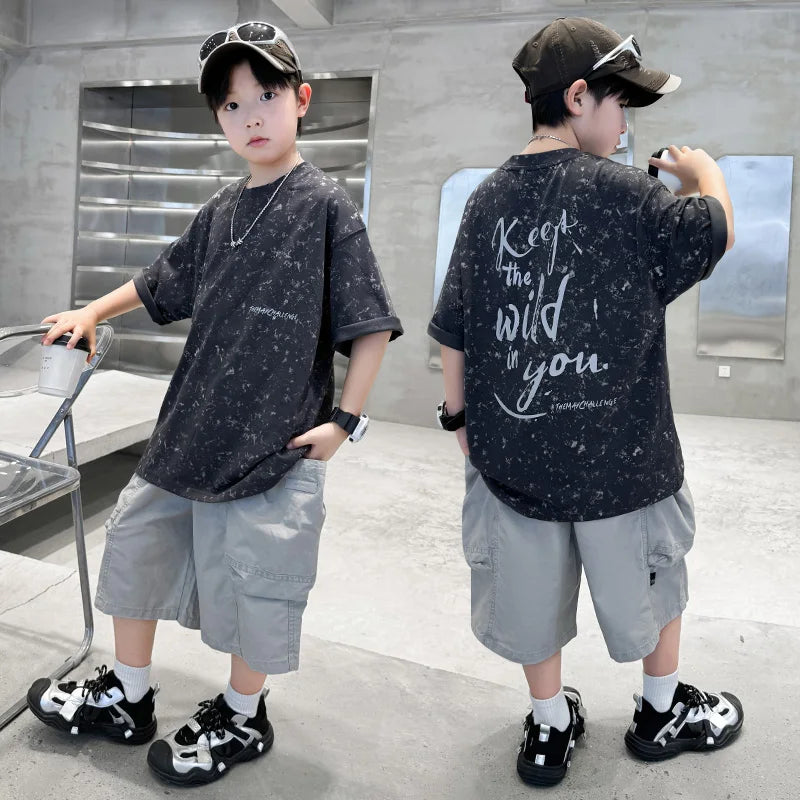 Summer Suit for Boy with Shorts Two Piece Clothing Set Kids Child Cotton Top and Bottom Clothes Set Casual Outfit Tracksuit 5-14