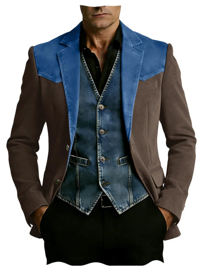 Men's Vintage Suede Blazer Notch Lapel 2 Button Denim Shoulder Collar Patch Jacket Business Casual Daily Wear Coat for Gentlemen