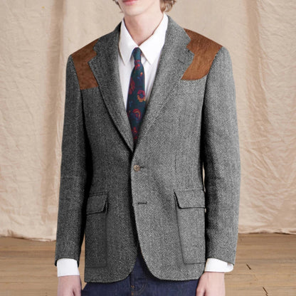 Vintage Men's Herringbone Tweed Blazer Suede Shoulder Patch Notch Lapel Slim Fit Jacket Casual Business Suit Sport Coat for Men