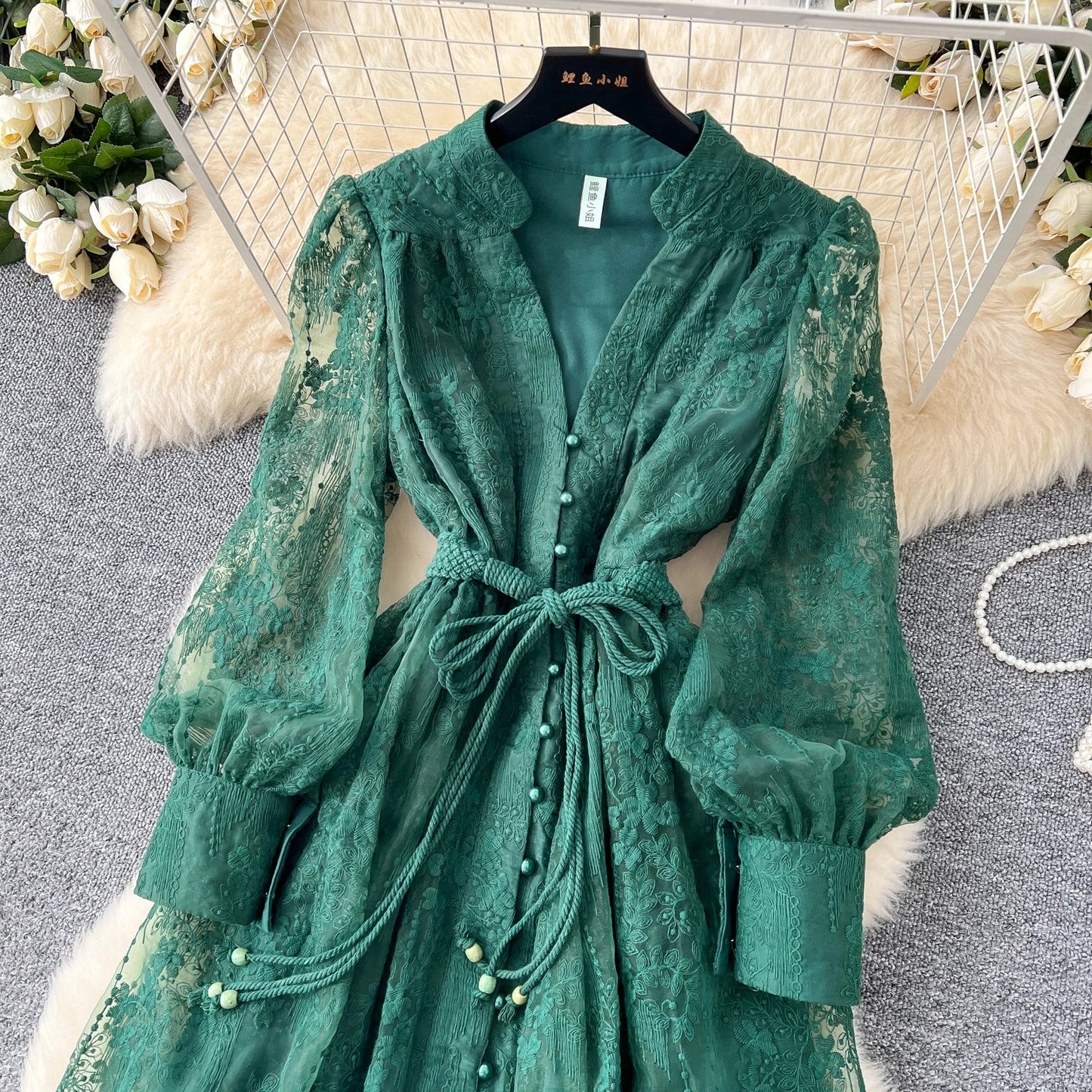 High-End Women's Dress Heavy Embroidery A-Line Long Skirt V-Neck Lantern Sleeve Single Button High Waist Korean Style Commute