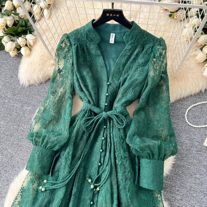 High-End Women's Dress Heavy Embroidery A-Line Long Skirt V-Neck Lantern Sleeve Single Button High Waist Korean Style Commute