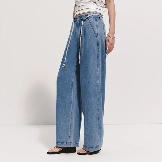 Women Jeans Soft Cool Belted Loose Wide Leg Denim Pants 2026 Summer Casual Daily