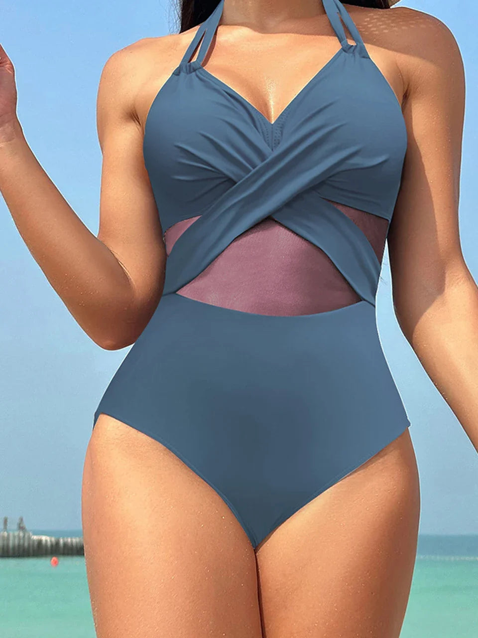 2026 Plain Ruched Mesh Swimsuit Women One Piece Ring Link Swimwear Female Sexy Bathing Swimming Suit Bodysuit Summer Beachwear