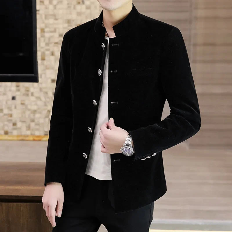 Men's Light Luxury Golden Velvet Coat Youth Fashion Trend Solid Color Stand Collar MAO Suit Handsome Boutique Item