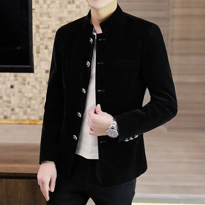 Men's Light Luxury Golden Velvet Coat Youth Fashion Trend Solid Color Stand Collar MAO Suit Handsome Boutique Item
