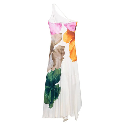 Women Sexy Single Shoulder Floral Print Slim Long Dress Female Chic Backless Side Zipper Brand Party Vestidos DS9198