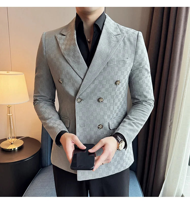 6 Color Luxury Double Breasted Blazers Coats 2024 New Fashion Checkered Business Slim Fit Social   Formal Suit Jacket 5XL-M