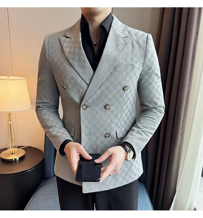 6 Color Luxury Double Breasted Blazers Coats 2024 New Fashion Checkered Business Slim Fit Social   Formal Suit Jacket 5XL-M