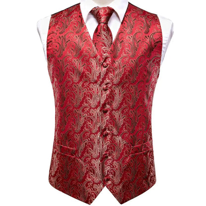 Navy Blue Mens Silk Vests Business Paisley V-Necl Waistcoat Tie Hanky Cufflinks Brooch Set for Men Suit Wedding Formal Hi-Tie