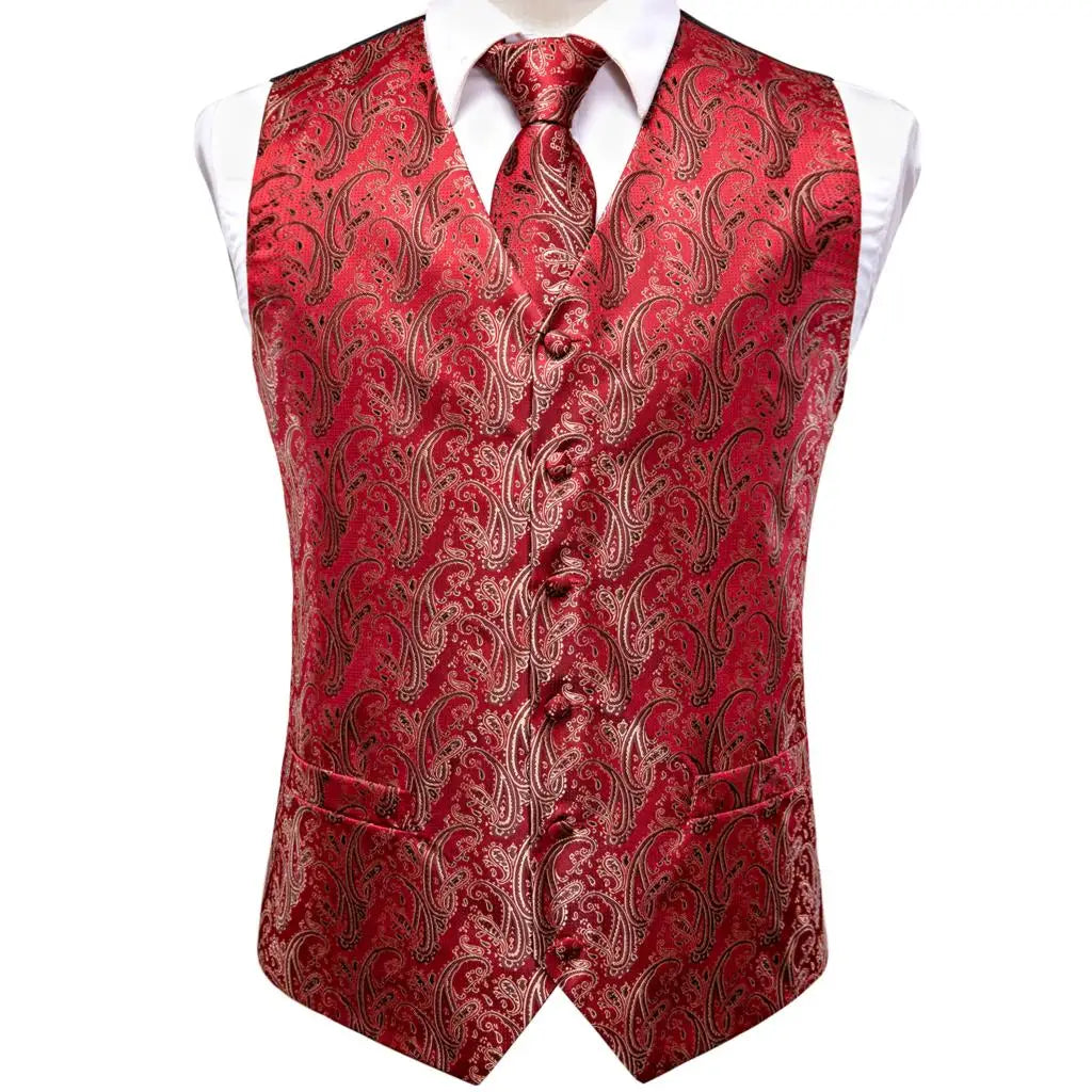Luxury Gold Black Mens Vests Print Jacquard Waistcoat Tie Hanky Cufflinks Brooch Set for Men Wedding Formal Business Hi-Tie