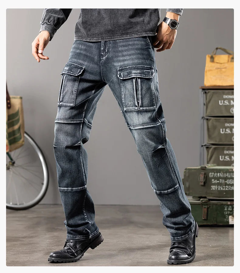 Autumn and winter new styles Men's Outdoor Wide Leg Workwear Multi-Pocket Jeans Straight fit plus size men's jeans  42 44