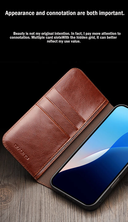 Genuine Leather Flip Case for iPhone16 Pro Max Handmade Cover with Card Slots for iPhone 16 Pro Max/16 15 14 13 12 11Pro