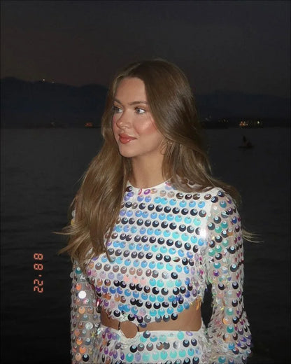 Shiny Sequins Dresses Women Sexy Flare Sleeve Slim Fit Hollow Out Mini Dress Elegant Sparkling Club Party Outfits Female
