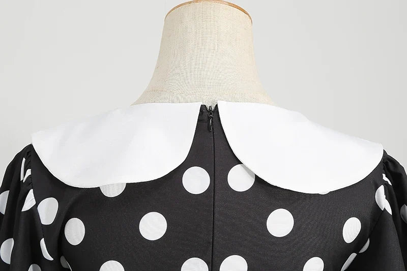Elegant Women Summer Dress Puff Short Sleeve Polka Dot Peter pan Collar Vintage A-line Midi Long Party Sundress