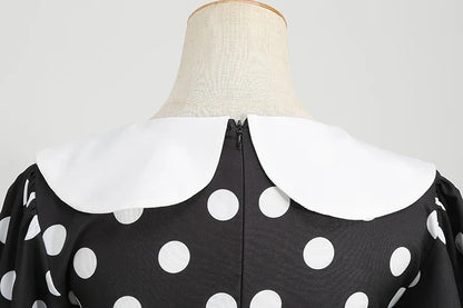 Elegant Women Summer Dress Puff Short Sleeve Polka Dot Peter pan Collar Vintage A-line Midi Long Party Sundress