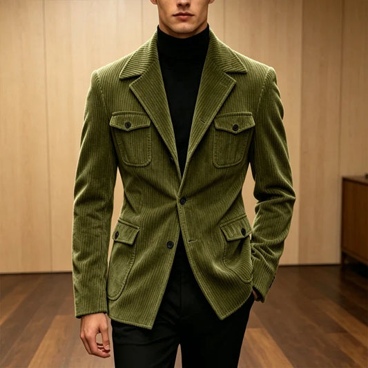 Vintage Men's Corduroy Blazer Notch Lapel Slim Fit Jacket with Four Flap Pockets Business Casual Coat For Daily Outerwear