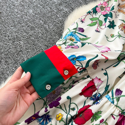Retro Faion Print Stand Collar Single Button Women's Dr Waist Cinched Floor Length Skirt Korean Sle High Waist Long Sl...