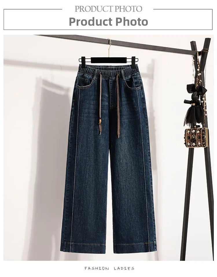 Slimming Wide Leg Jeans Women's Casual Straight Cut Spring Autumn ular plus Size Cotton Stretch Denim Pure Color