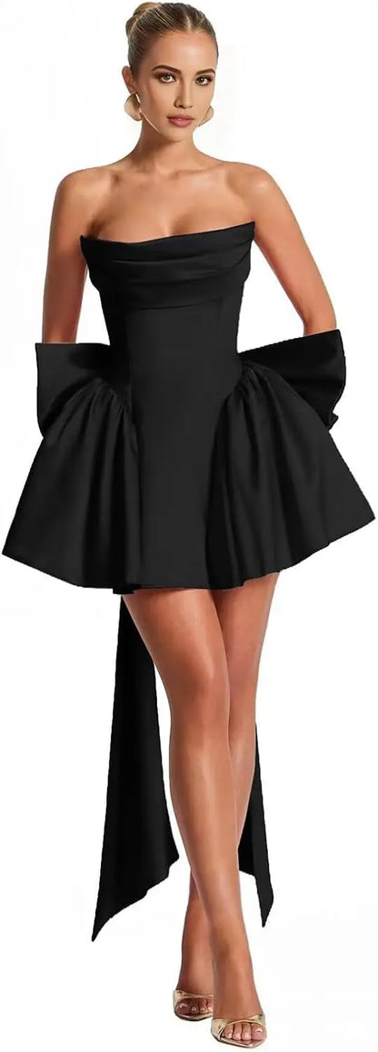 2025 Satin Strapless Back To School Dress with A Large Bow At The Back, Mini Skirt for Teenagers Cocktail Dress Short DanceDress
