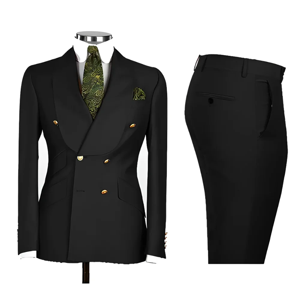 Lvory Shawl Lapel 2 Piece Suit Double Breasted Men's Jacket Pants with Gold Buttons Formal Wedding Groom Attire Prom Tuxedos
