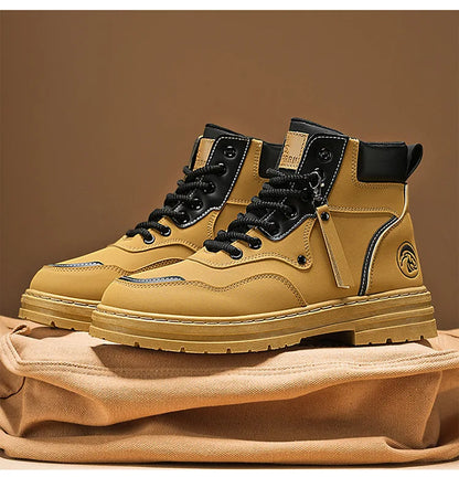 Men Boots  Autumn High Top British Korean Thick Soled Platform Comfortable Non Slip Short Boots Outdoor Lace Up Cotton Boots 202